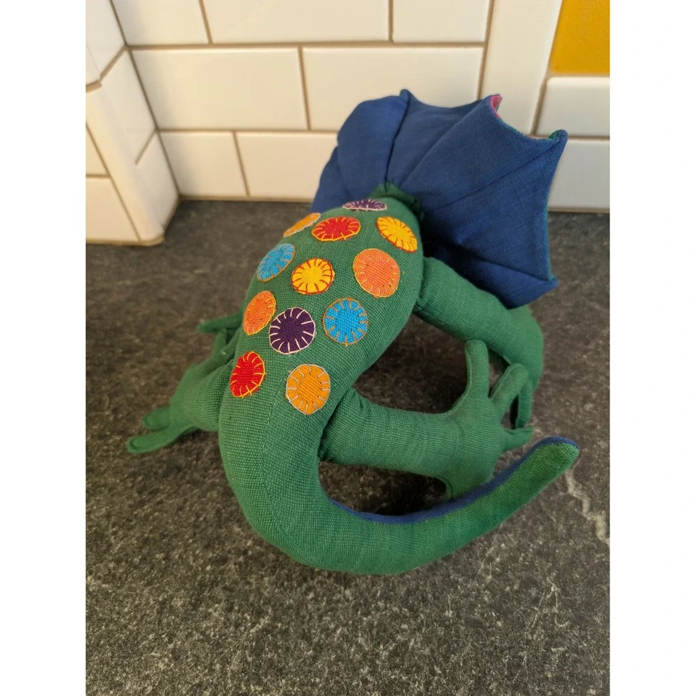 Barbara Sansoni Barefoot Sri Lanka Handwoven Frilled Lizard Plush Green Blue Toy